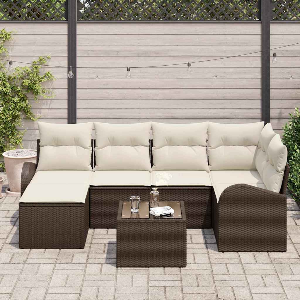 Garten-Sofa-Set mit Kissen 7 pcs Braun und Weiß Poly Rattan